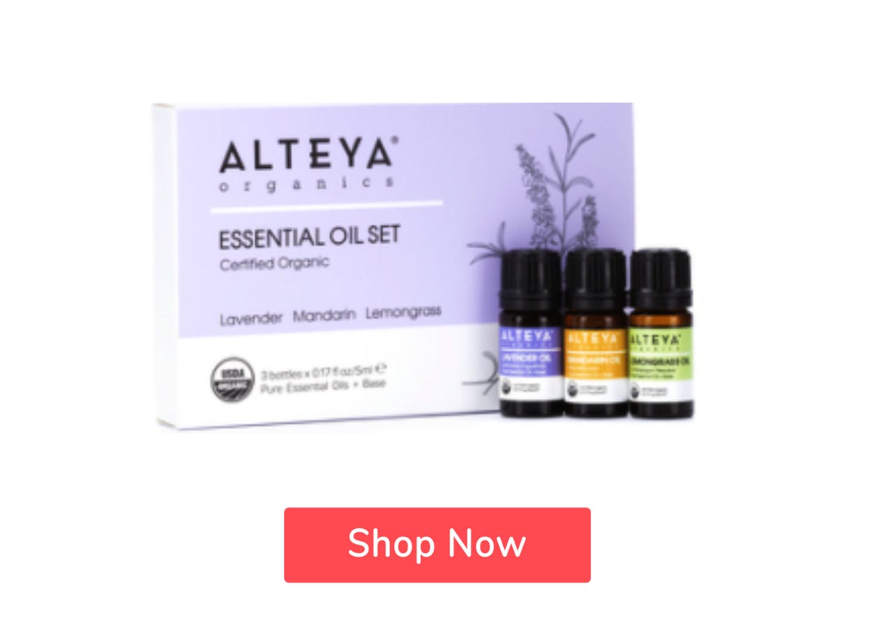 Alteya Pure Indulgence Essential Oils Set with Lavender Oil, Mandarin Oil an Lemongrass Oil with Shop Now button